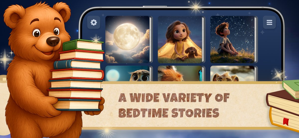 A wide library of illustrated bedtime stories to choose from